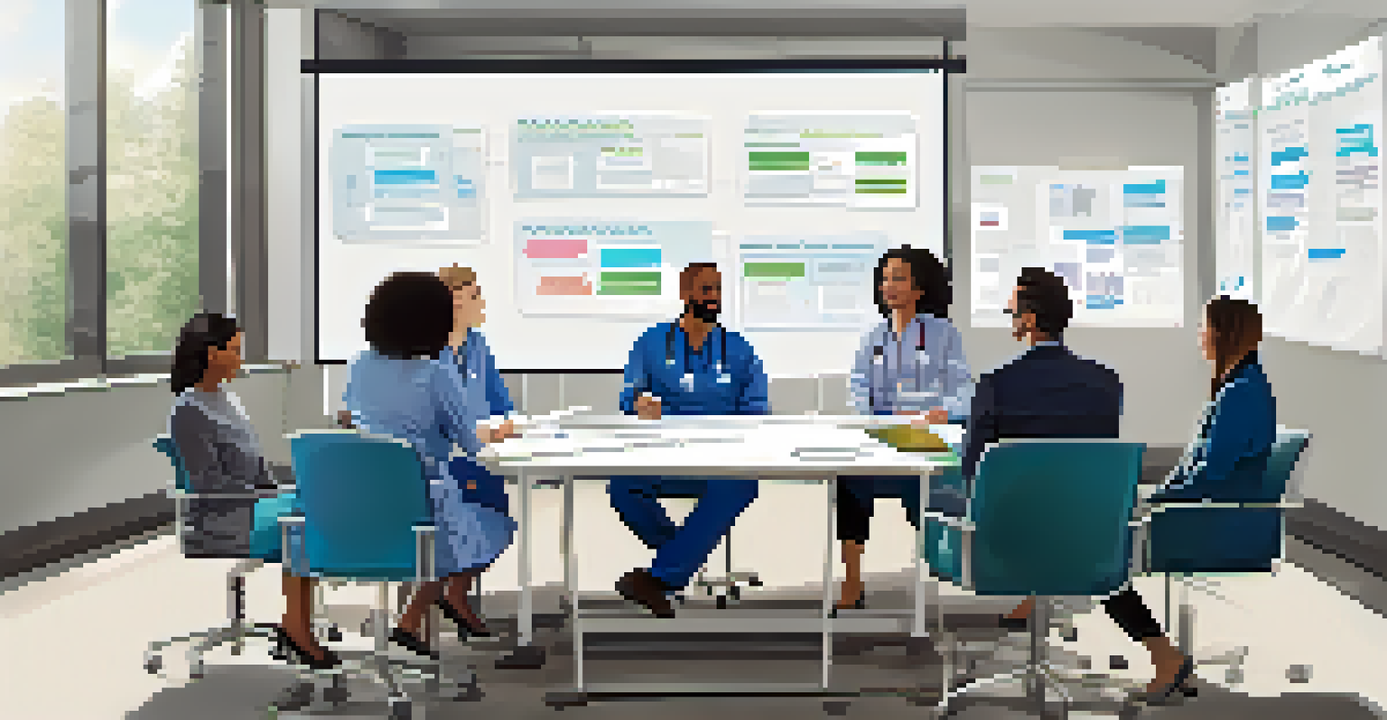 A team of healthcare professionals discussing protocols in a bright conference room.