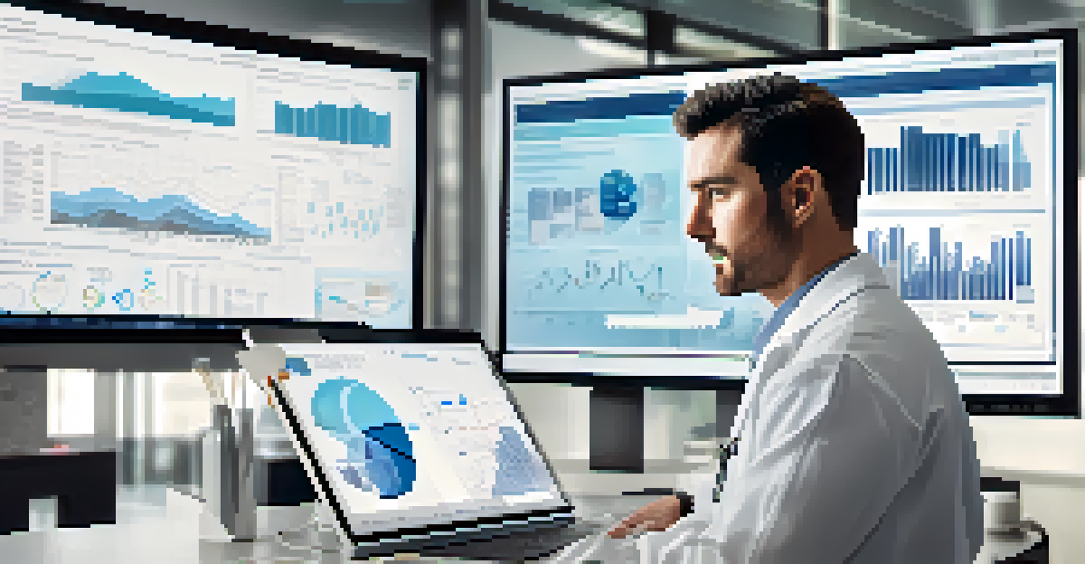 A healthcare professional in a modern office analyzing predictive analytics data on a large screen amidst graphs and charts.
