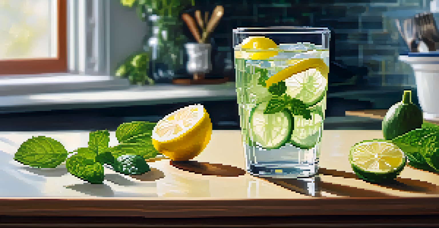 A glass of infused water with lemon, cucumber, and mint on a kitchen counter, illuminated by sunlight.