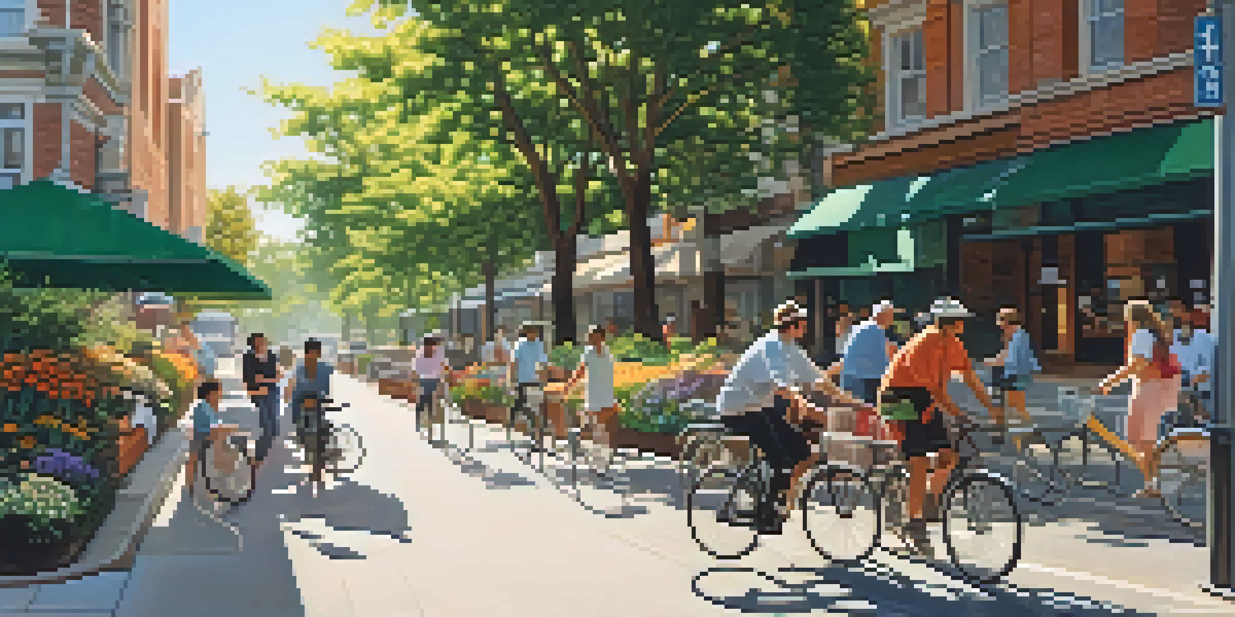 A vibrant city street filled with people riding bicycles and using public transport, surrounded by trees and flowers under a sunny sky.