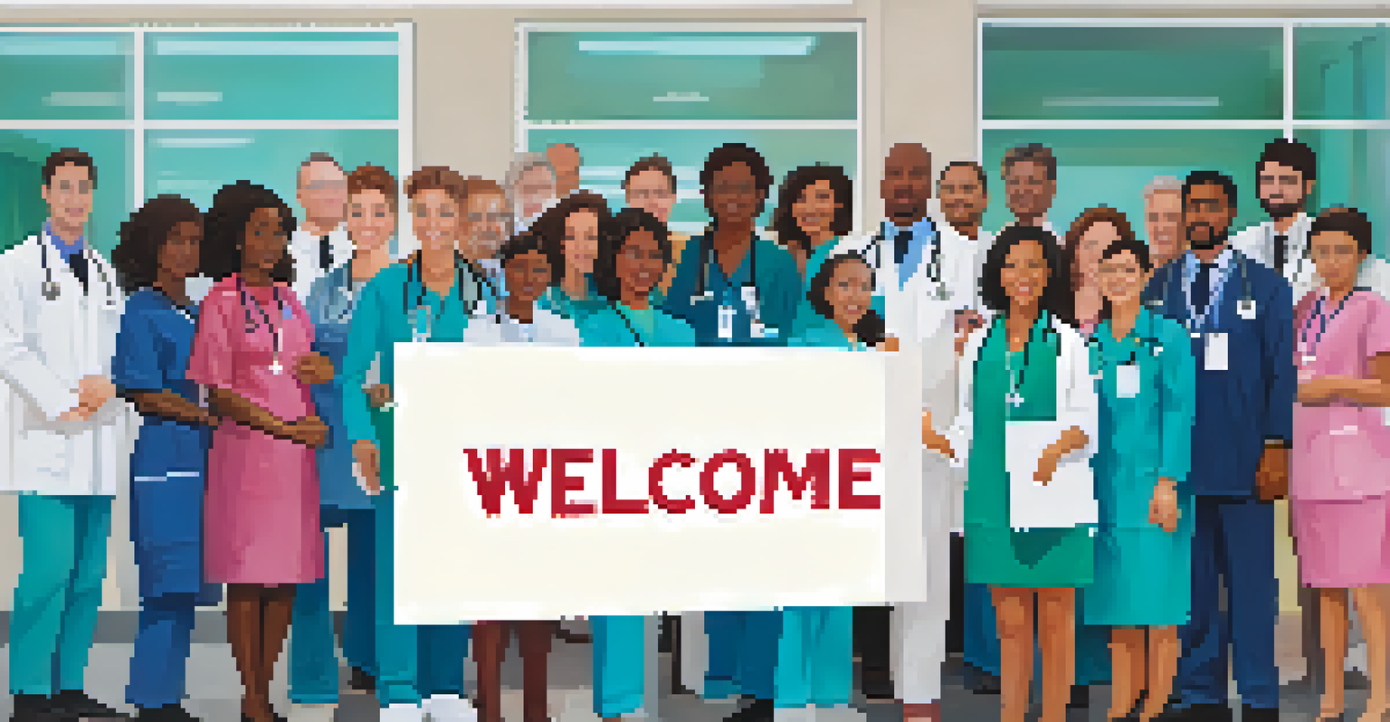 A diverse group of healthcare professionals holding signs in different languages in a modern hospital setting.