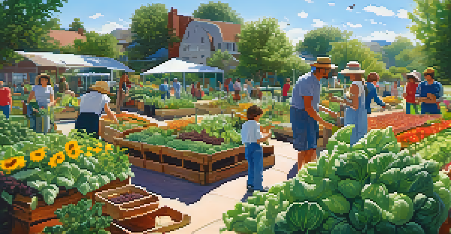 A community garden bustling with people planting and harvesting vegetables under a sunny sky.