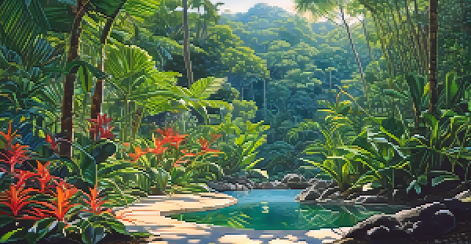 A tropical landscape with green plants and a blue sky, featuring mosquitoes in their natural environment.