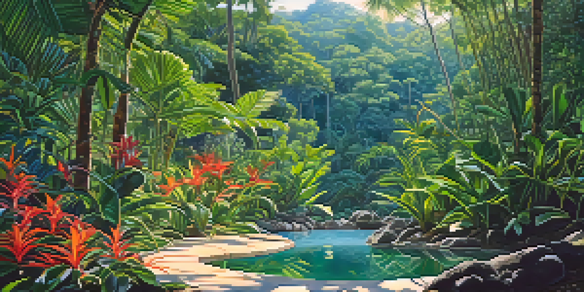 A tropical landscape with green plants and a blue sky, featuring mosquitoes in their natural environment.