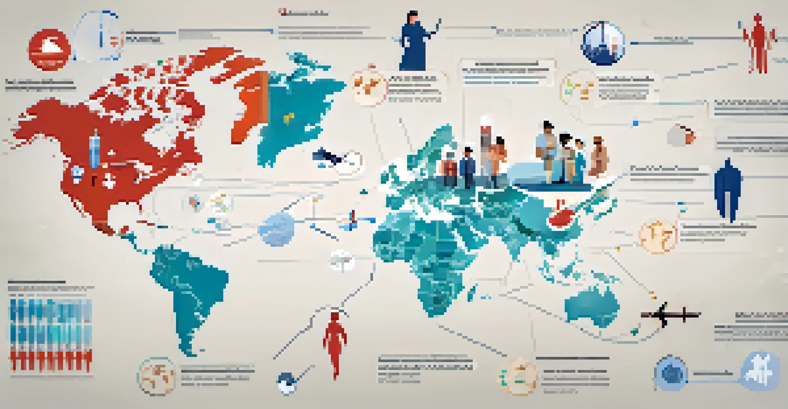 An infographic depicting a world map showing the global impact of vaccination programs with icons representing vaccines and healthcare workers.