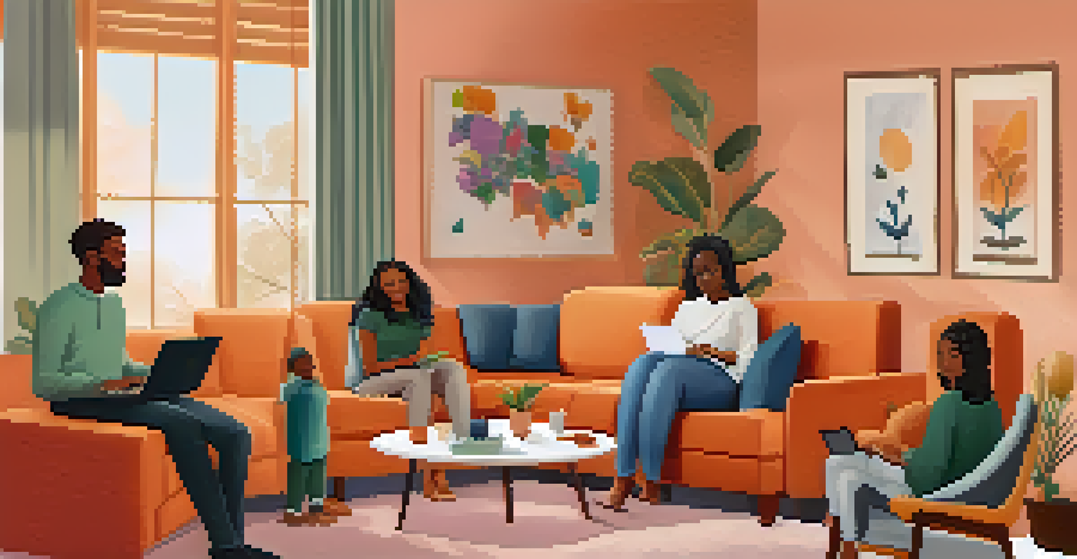 A group of people in a cozy living room participating in telehealth appointments.