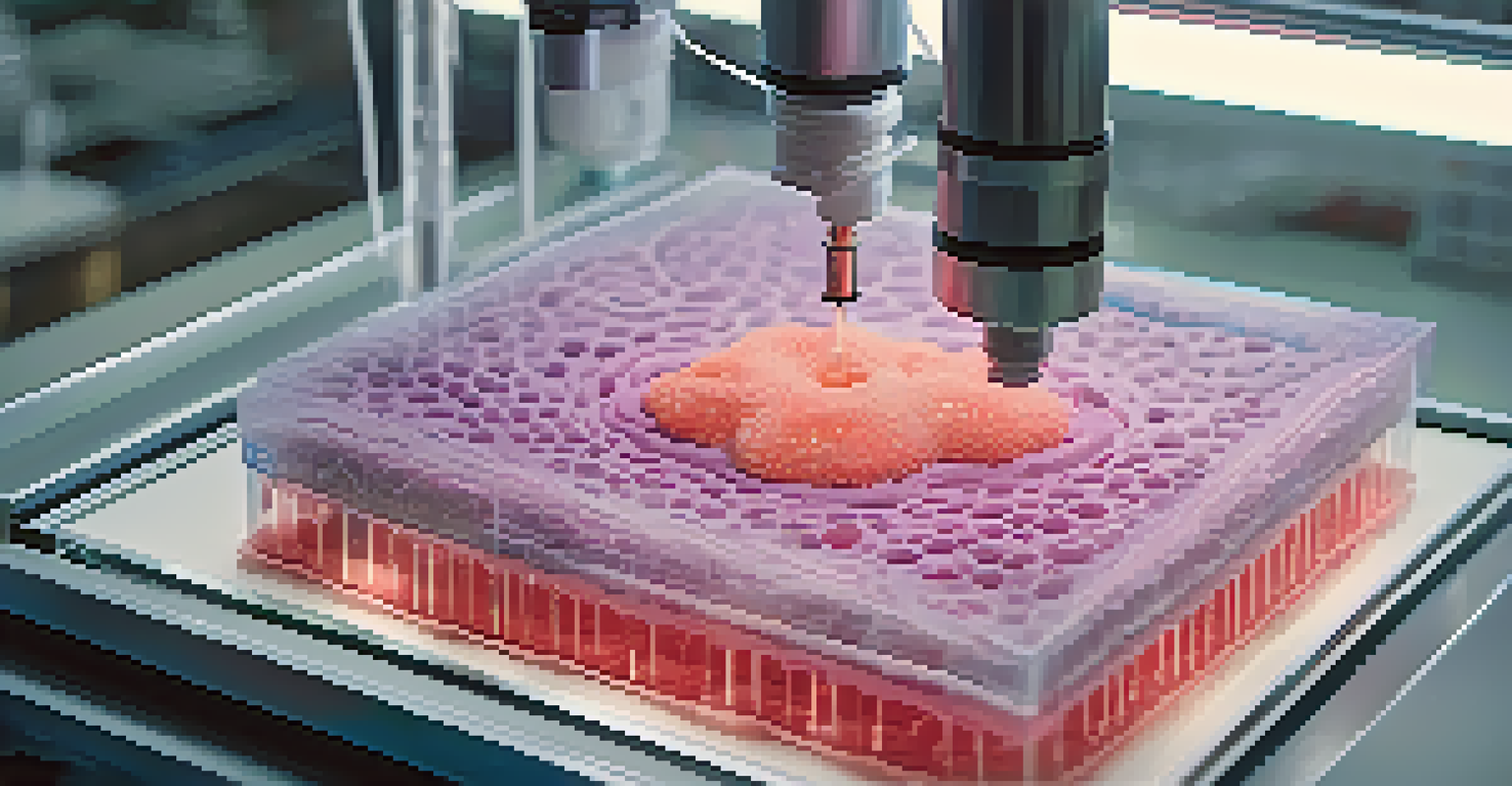 A 3D bioprinter in a laboratory producing tissue structures, with researchers observing the intricate process.