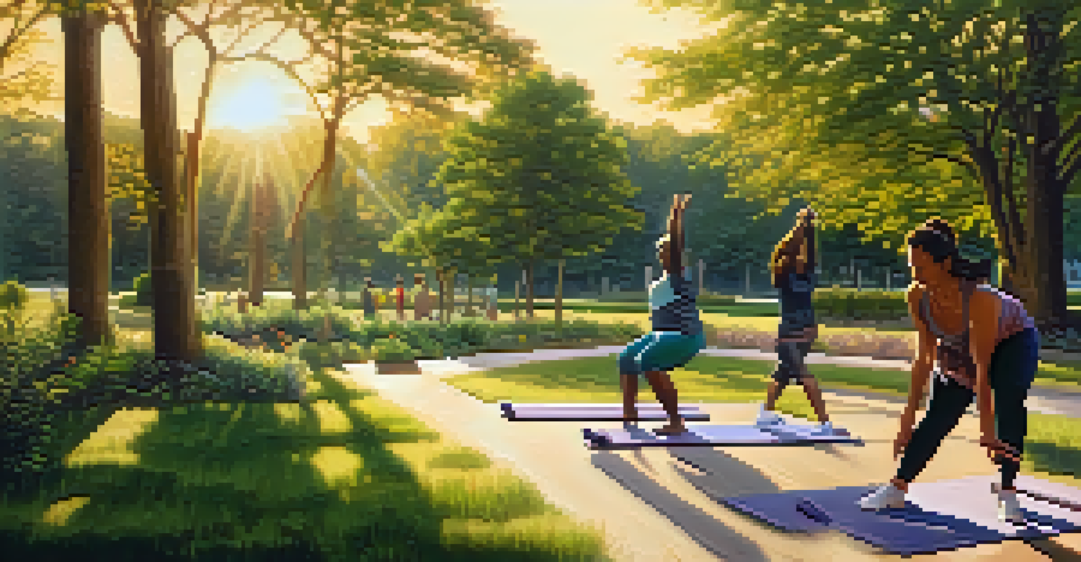 A park with people practicing yoga and jogging during sunset, surrounded by greenery.