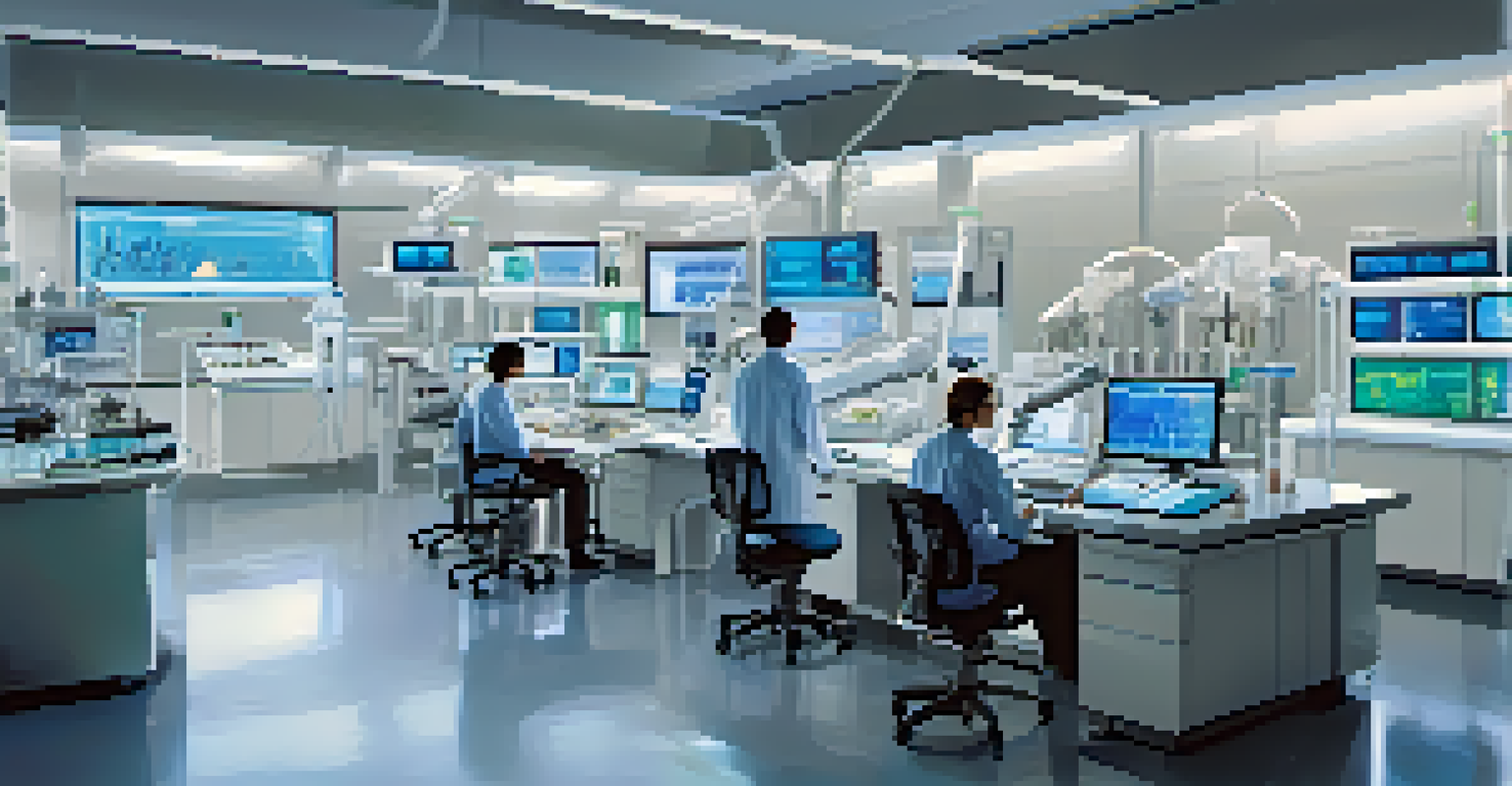 A modern laboratory with researchers engaged in nanotechnology and drug delivery systems, surrounded by high-tech equipment and glowing data screens.