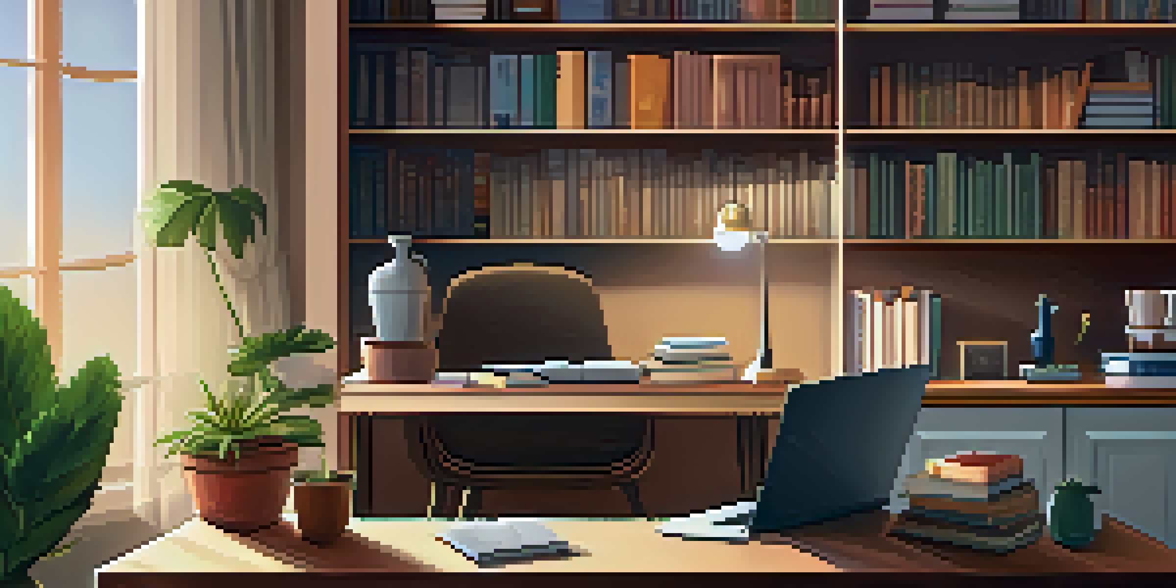 A cozy home office with a therapist's desk, a laptop for telepsychology sessions, warm lighting, and a cup of tea, surrounded by books and plants.