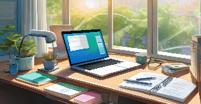 A healthcare workspace with a laptop, notepad, and stethoscope under warm sunlight.