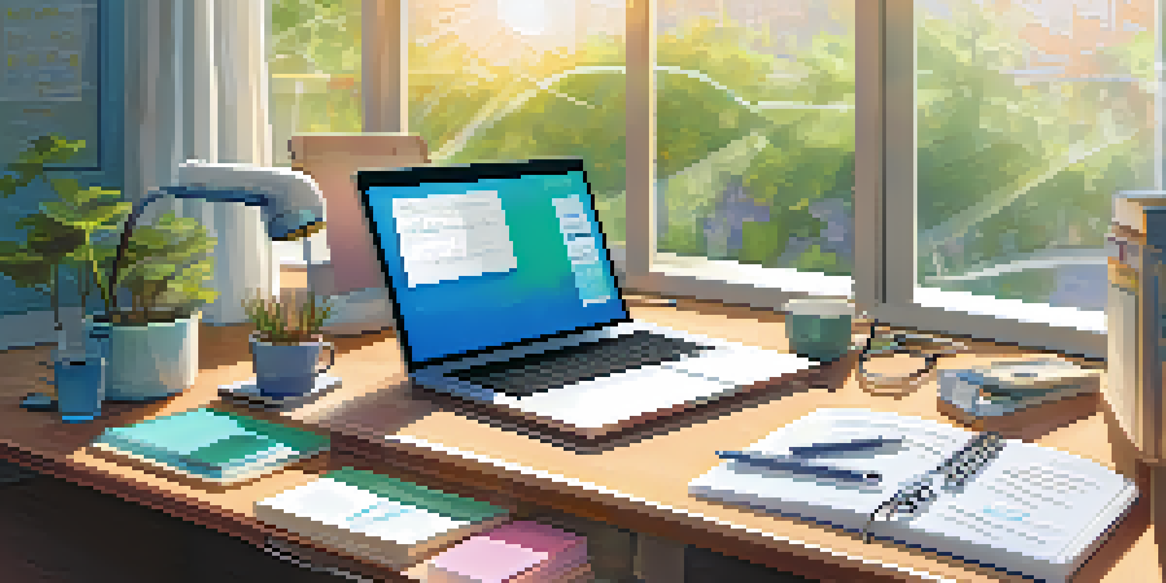 A healthcare workspace with a laptop, notepad, and stethoscope under warm sunlight.