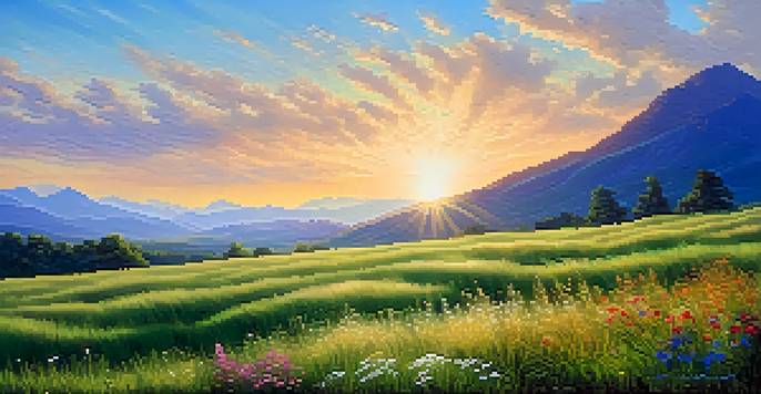 A picturesque landscape with a green field, colorful wildflowers, and mountains in the background under a blue sky.