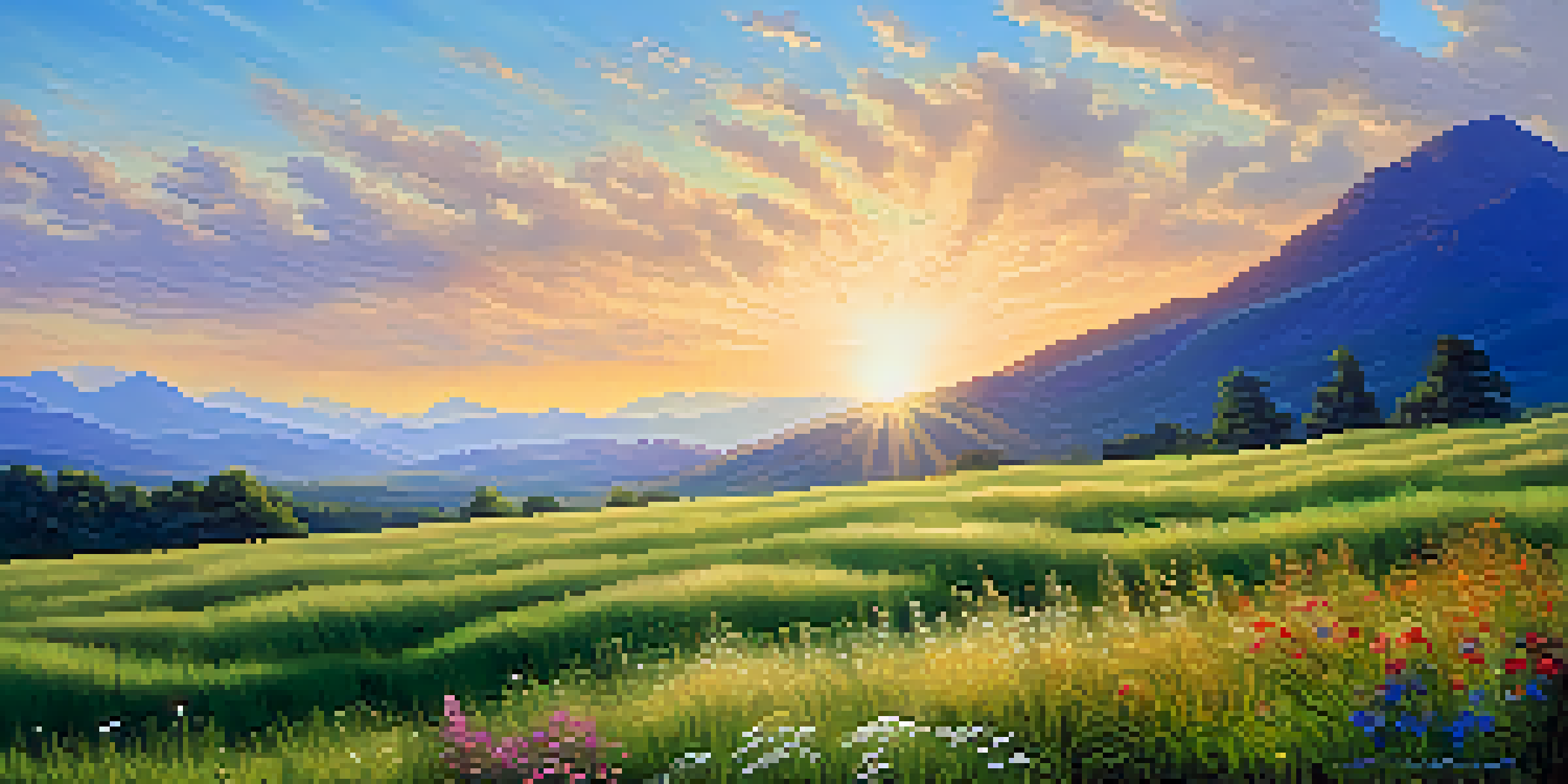 A picturesque landscape with a green field, colorful wildflowers, and mountains in the background under a blue sky.
