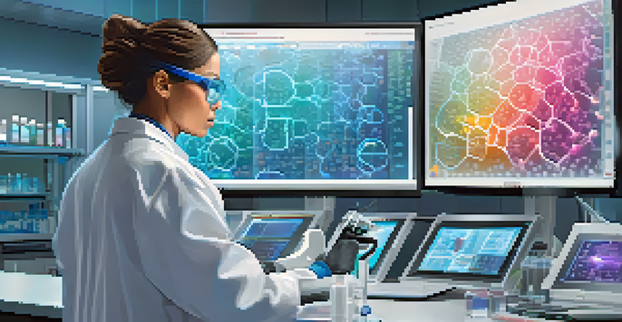 A scientist in a lab using a CRISPR-Cas9 editing tool, with colorful genetic structures on a screen behind them.
