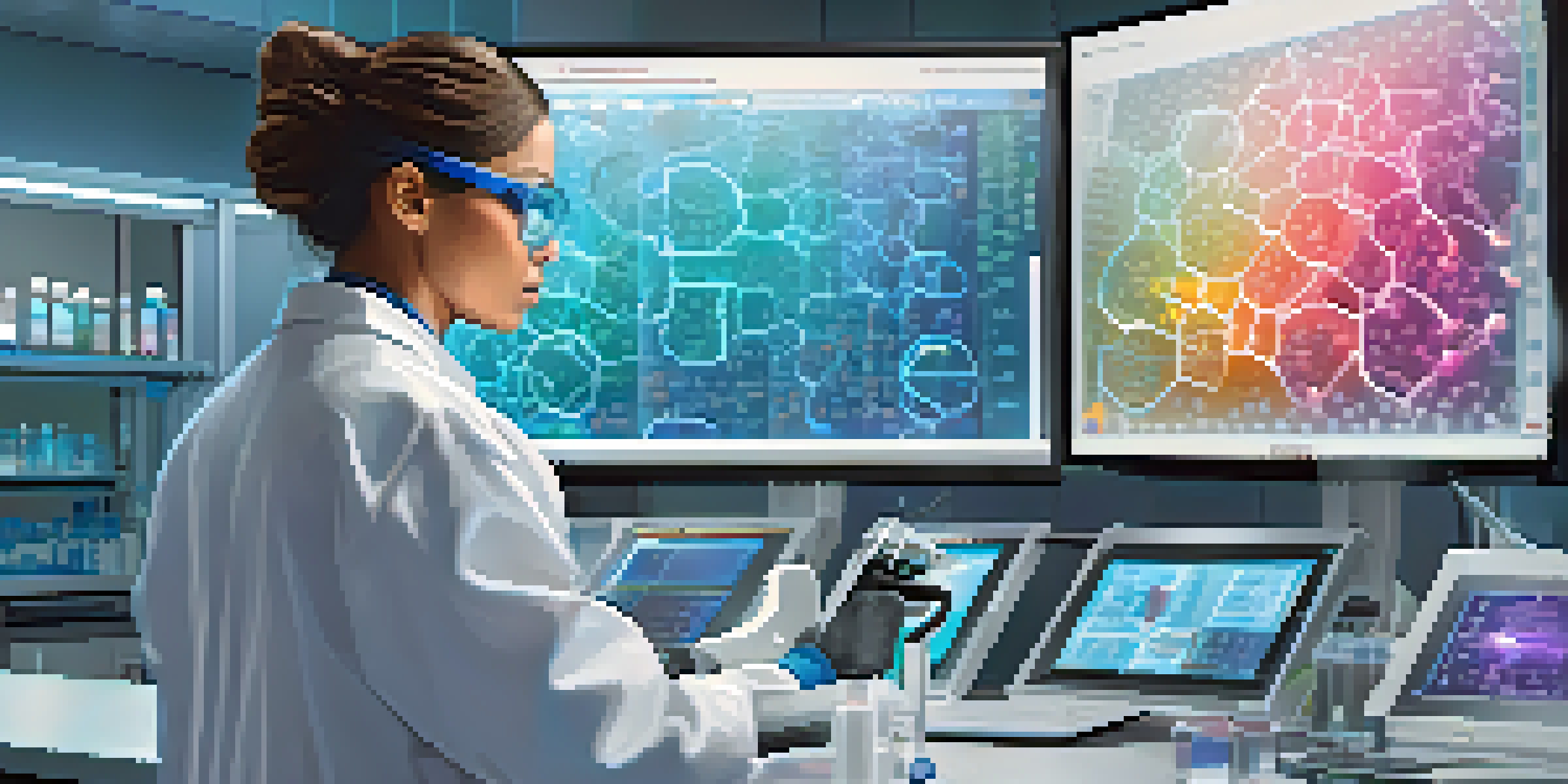 A scientist in a lab using a CRISPR-Cas9 editing tool, with colorful genetic structures on a screen behind them.
