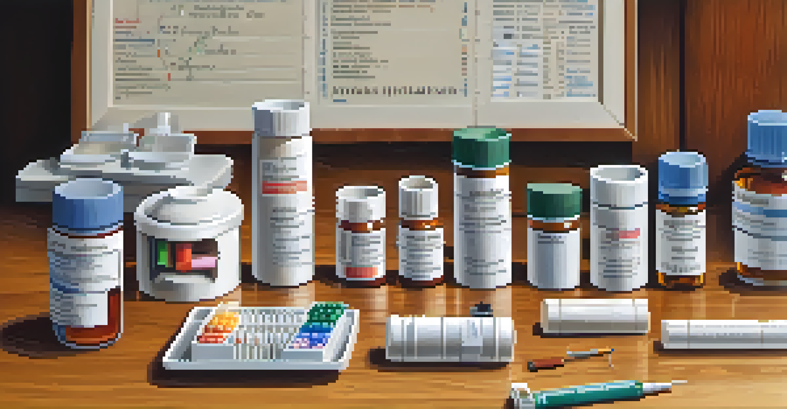 An organized table with asthma medications, inhalers, and a notepad for tracking medication.