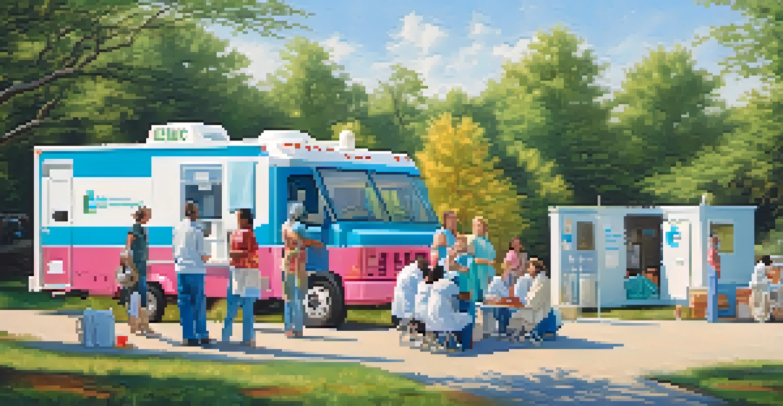 A mobile health clinic in a rural area, with healthcare professionals providing care to expectant mothers in a friendly setting.