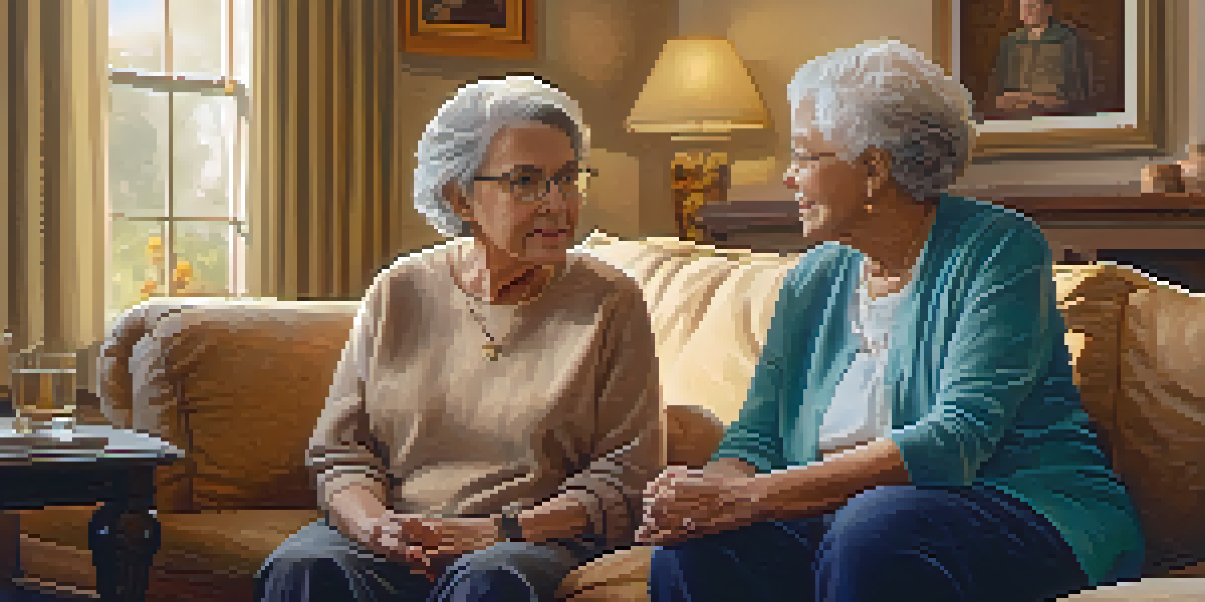 A patient advocate and an elderly woman sitting in a cozy living room, engaged in a supportive conversation about healthcare options.