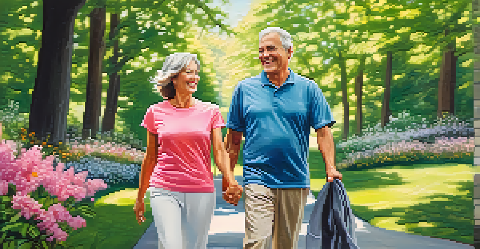 A happy couple walking together in a park, surrounded by greenery and flowers, promoting a healthy lifestyle.