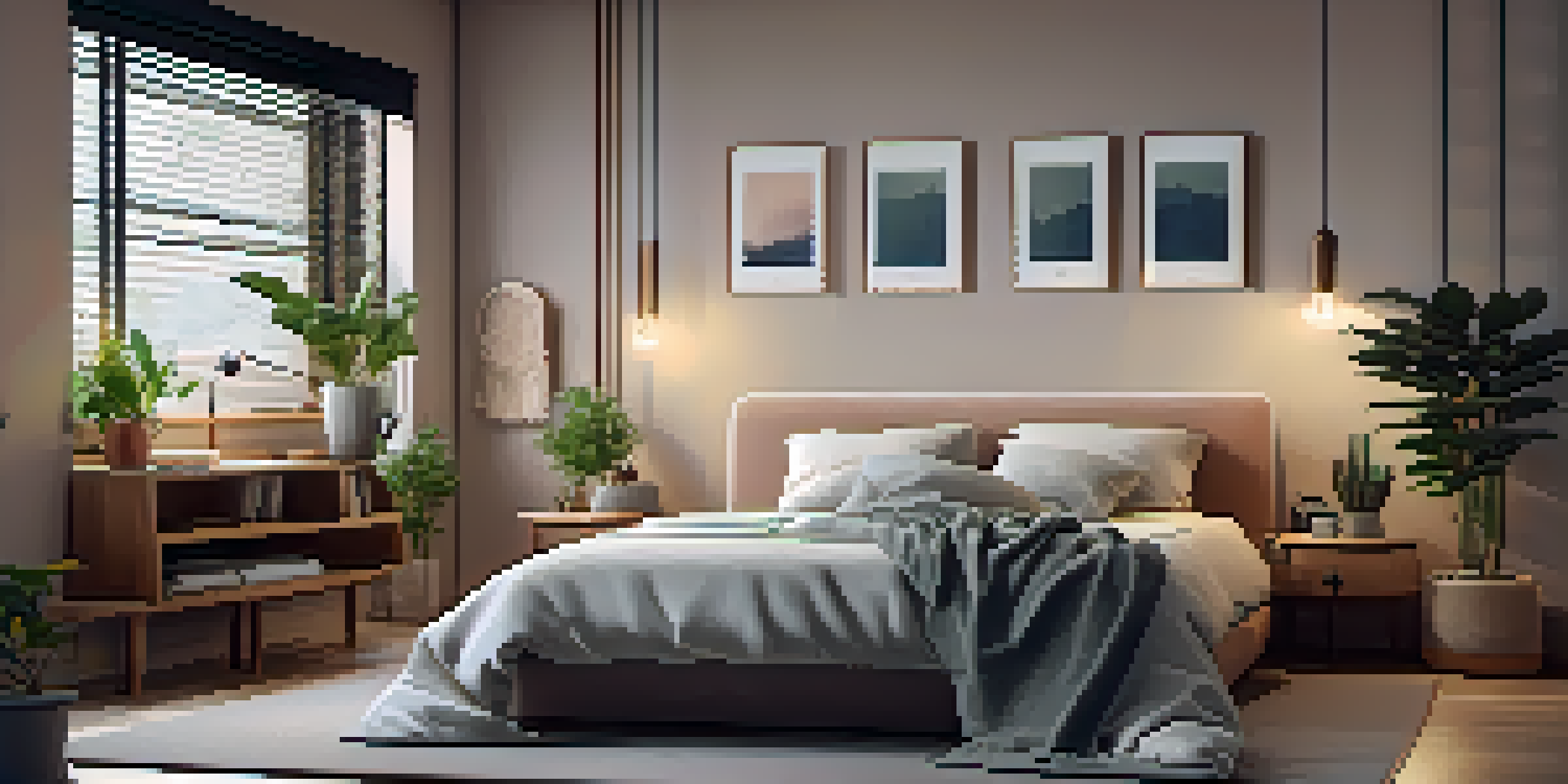 A cozy bedroom with soft colors, a neatly made bed, and warm lighting, designed to promote restful sleep.