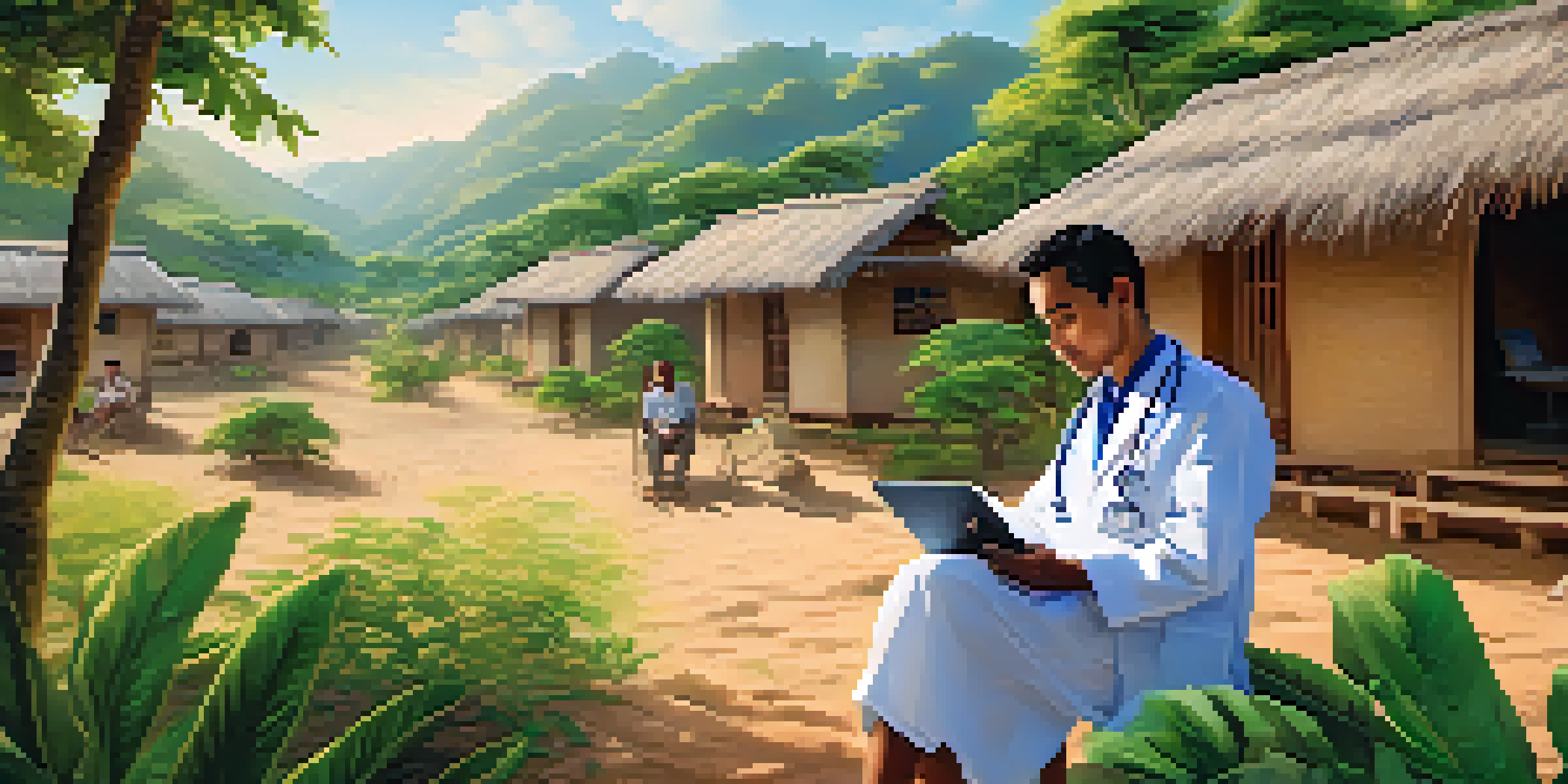 A healthcare professional using telemedicine to consult with a patient in a remote village, surrounded by greenery and traditional huts.