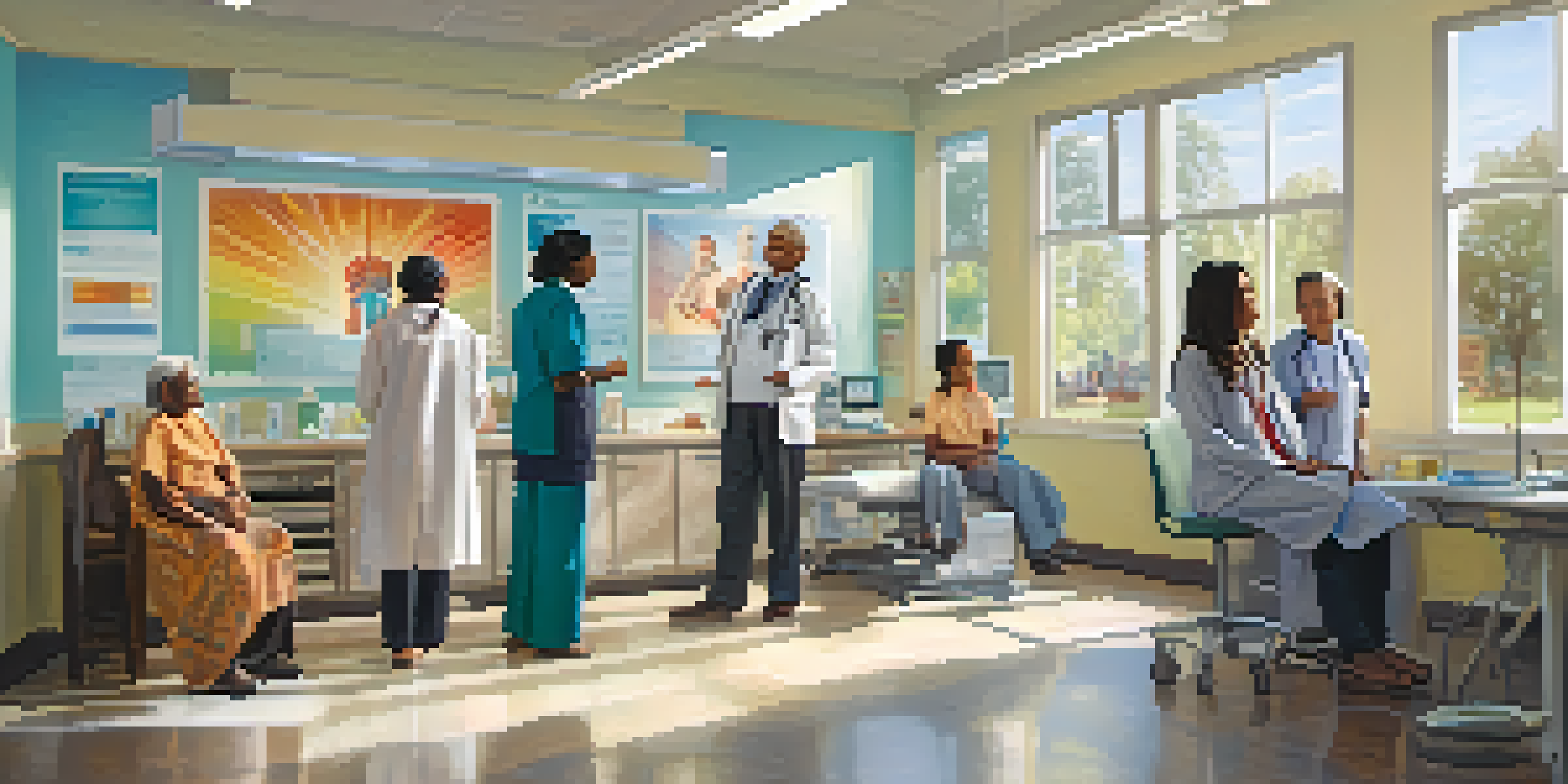 A diverse group of people in a bright clinic receiving health check-ups, with a doctor examining a child and an elderly couple waiting calmly.