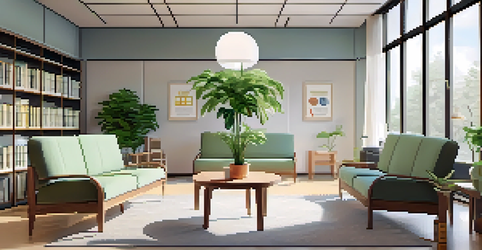 A cozy waiting room of a genetic counseling clinic with modern furniture and a bookshelf full of materials about genetic disorders.