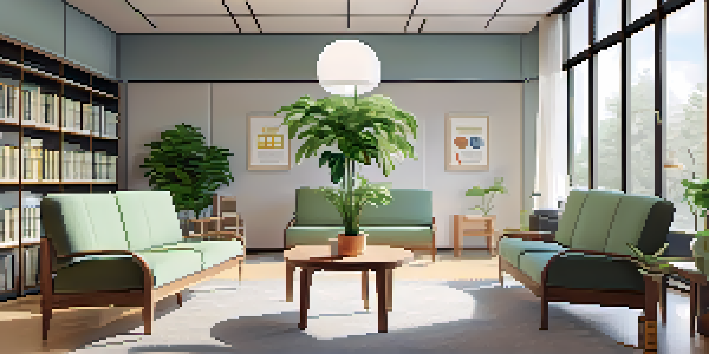 A cozy waiting room of a genetic counseling clinic with modern furniture and a bookshelf full of materials about genetic disorders.