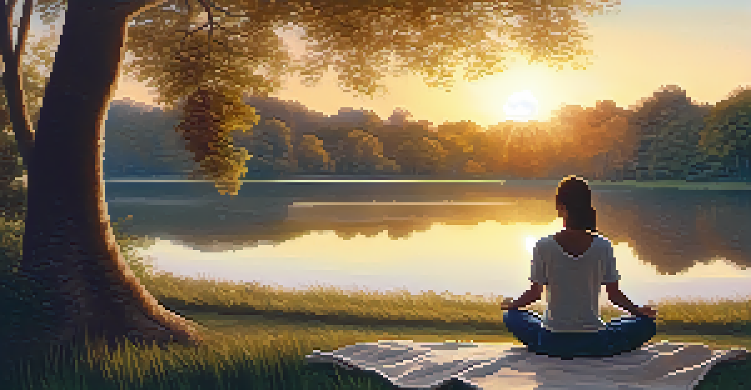 A peaceful park setting with a person meditating on a blanket by a tranquil lake during sunset.