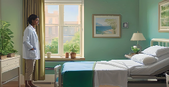 A patient in a hospital room sitting up in bed, smiling as a healthcare provider discusses treatment options, with calming decor and natural light.