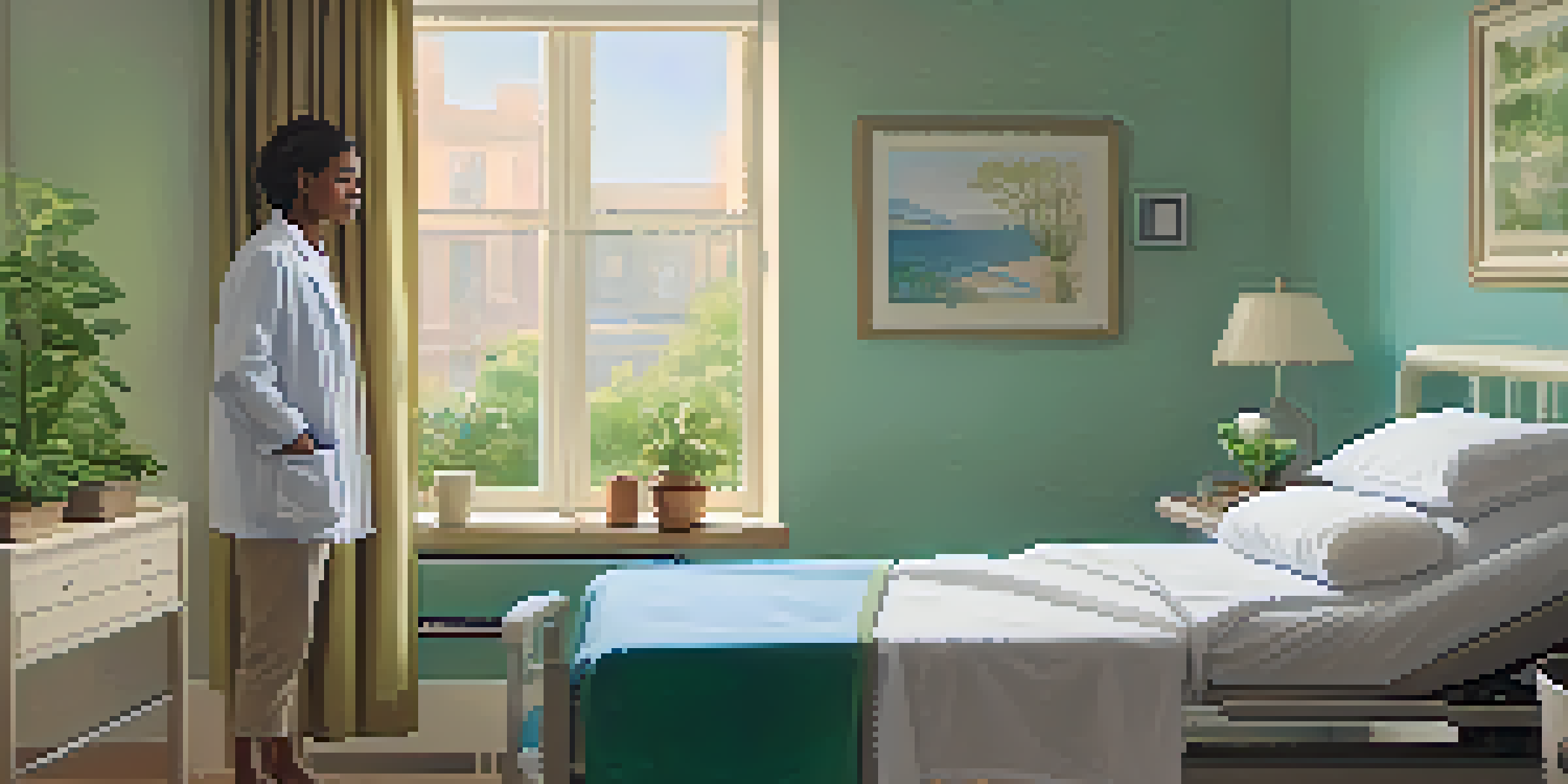 A patient in a hospital room sitting up in bed, smiling as a healthcare provider discusses treatment options, with calming decor and natural light.