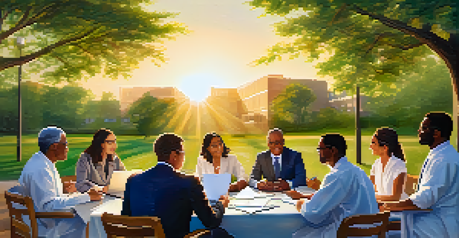 A group of healthcare stakeholders discussing initiatives outdoors, with a hospital in the background and greenery, during a sunset.