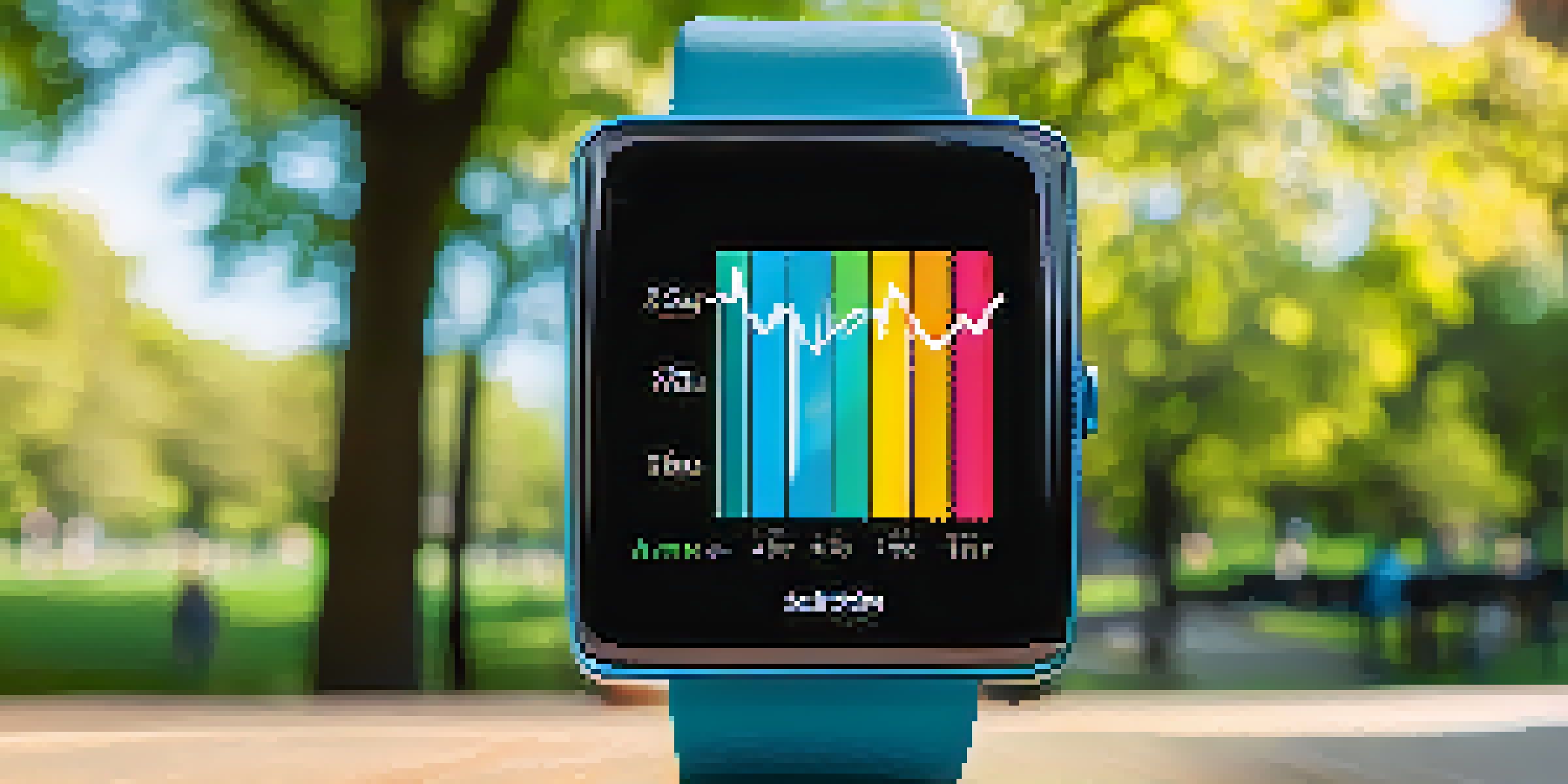 A smartwatch with a colorful display showing health metrics like heart rate, set in a sunny park environment.