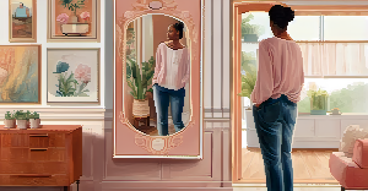 A person looking at themselves in a mirror, surrounded by motivational quotes and a warm atmosphere.