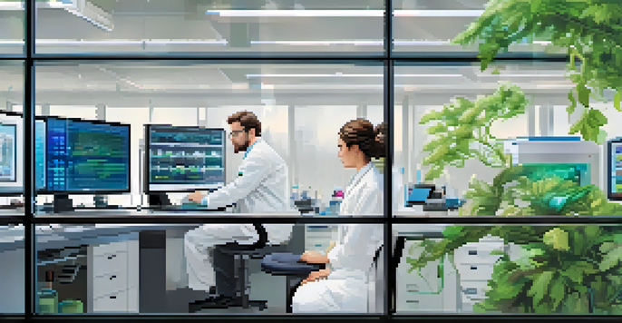 A scientist in a lab coat working in a bright laboratory, analyzing a DNA model and genomic data on a computer.