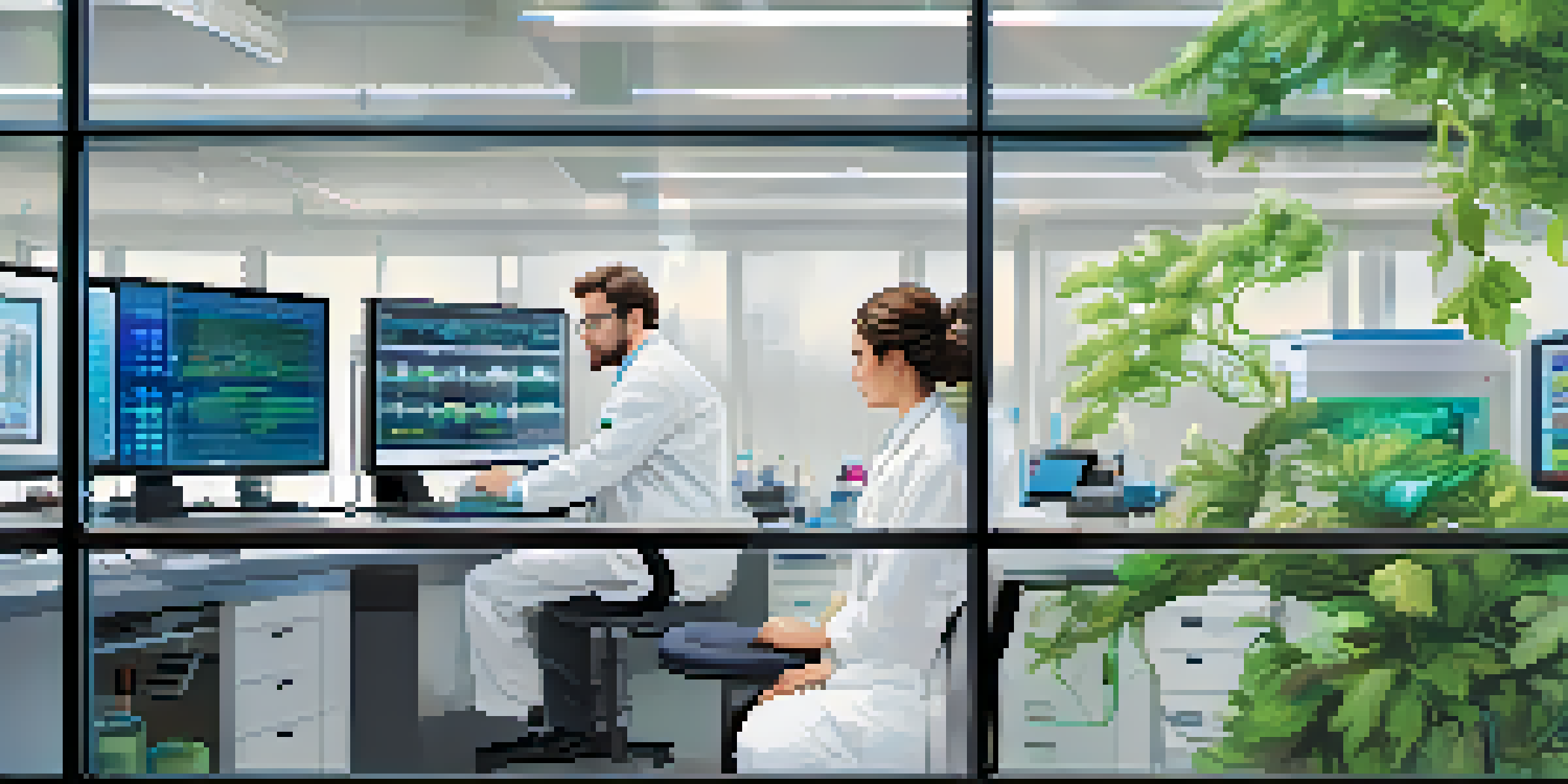 A scientist in a lab coat working in a bright laboratory, analyzing a DNA model and genomic data on a computer.