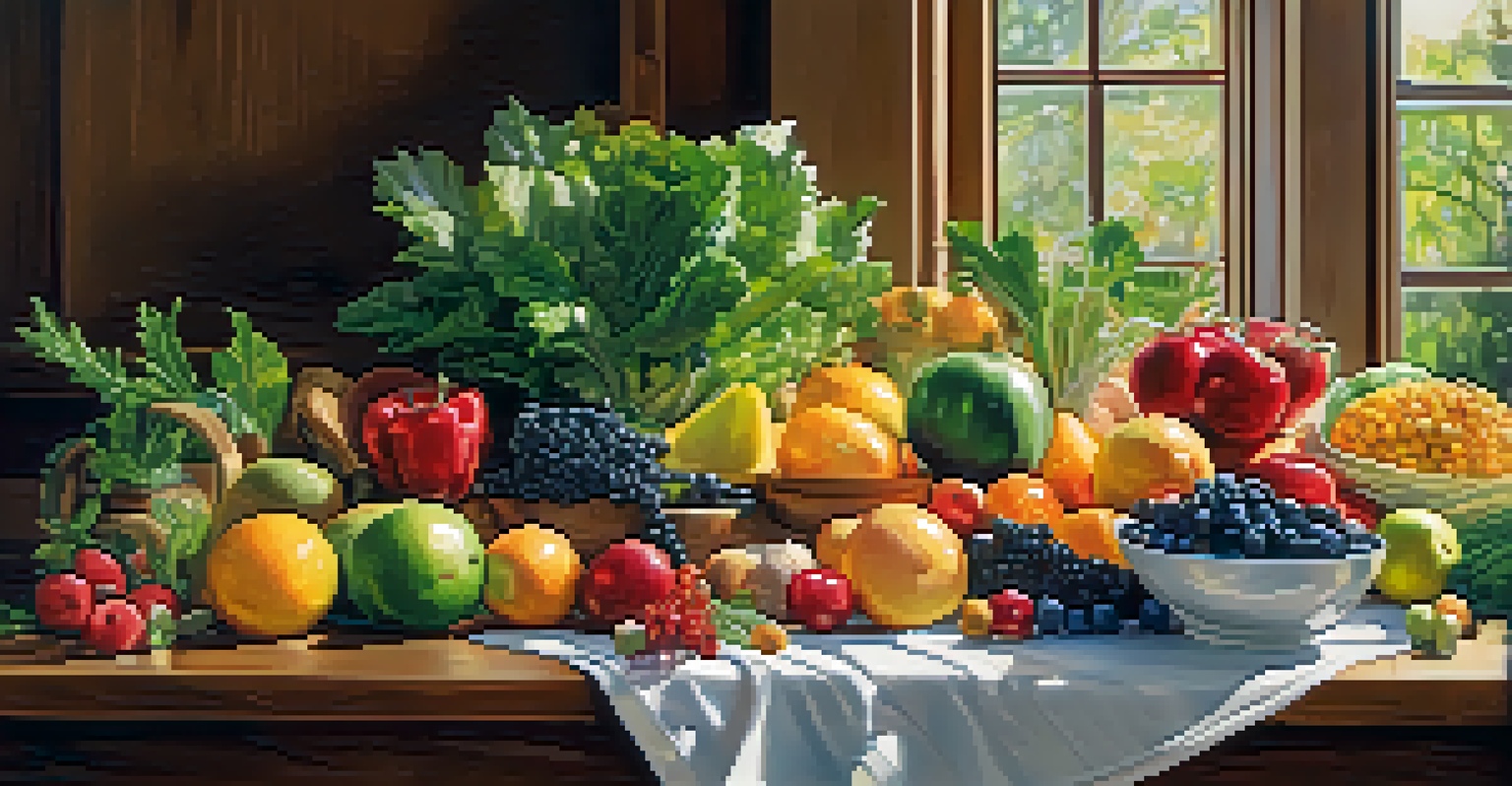 A variety of colorful fruits and vegetables arranged on a wooden table, promoting a healthy diet.