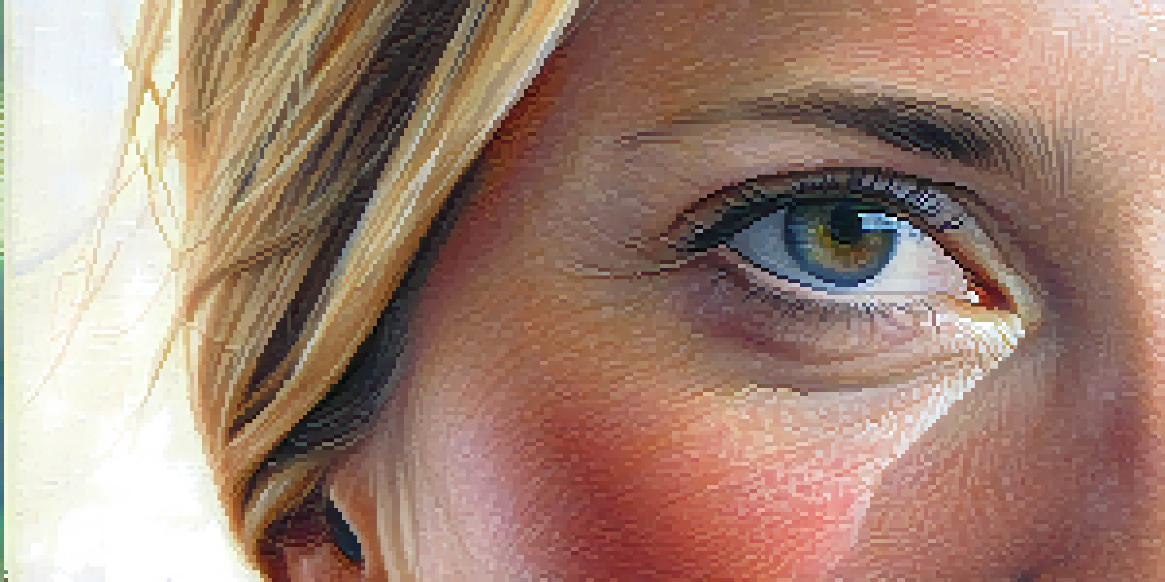 A close-up portrait of a woman displaying rosacea, featuring redness and visible blood vessels on her face, with soft natural lighting and a blurred background.