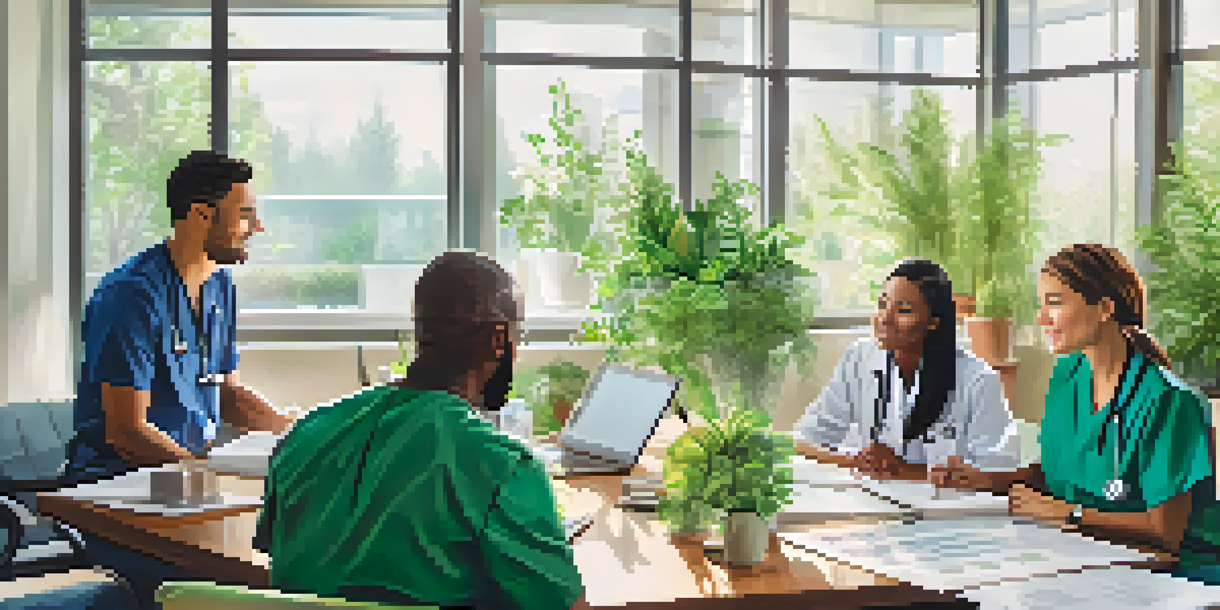 A group of healthcare professionals collaborating in a well-lit room, discussing a patient care plan with charts and digital devices.