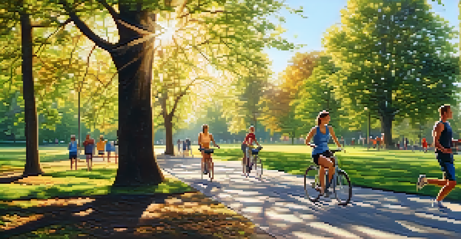A vibrant city park filled with people exercising, surrounded by nature, emphasizing the importance of a healthy lifestyle.
