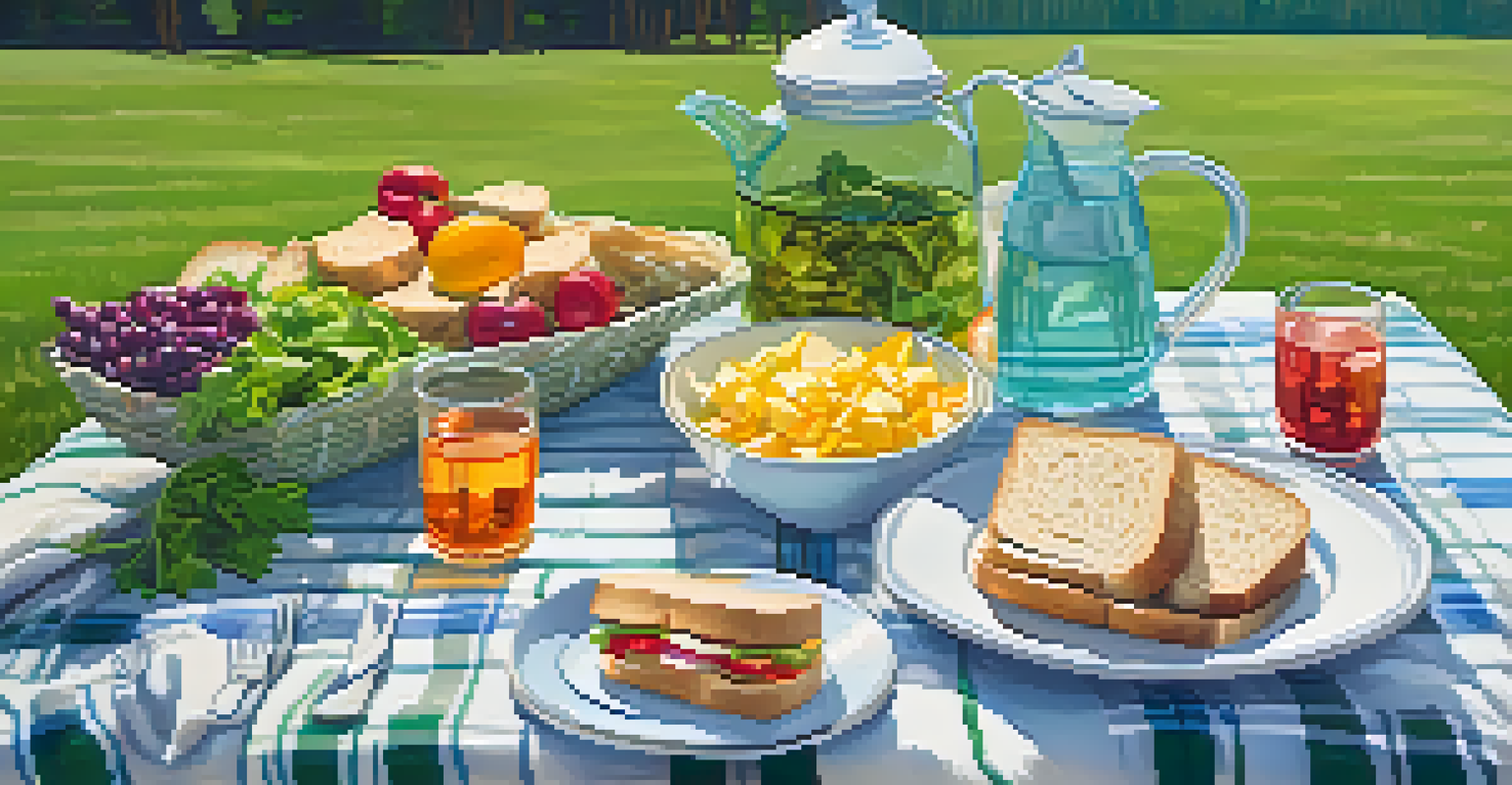 An outdoor picnic on a green lawn featuring a checkered blanket with healthy food options like salad and sandwiches, surrounded by nature.