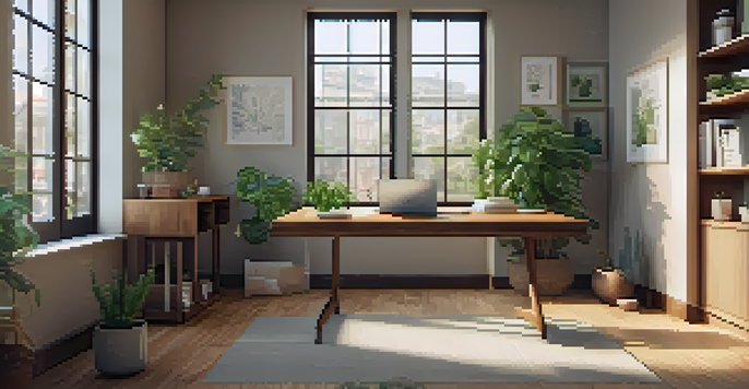 A tranquil office setting with a wooden desk, laptop, notepad, and potted plant, illuminated by natural light.