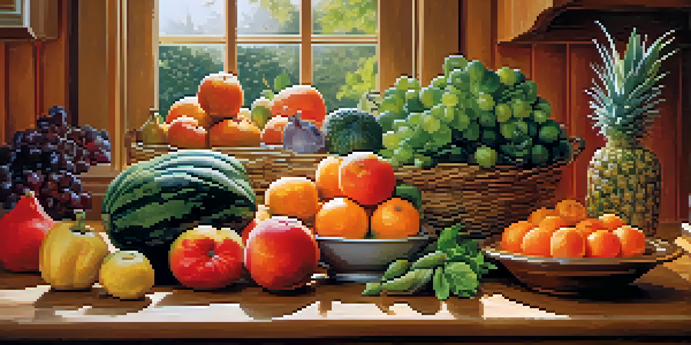 A colorful assortment of fruits and vegetables on a wooden table, illuminated by warm natural light.