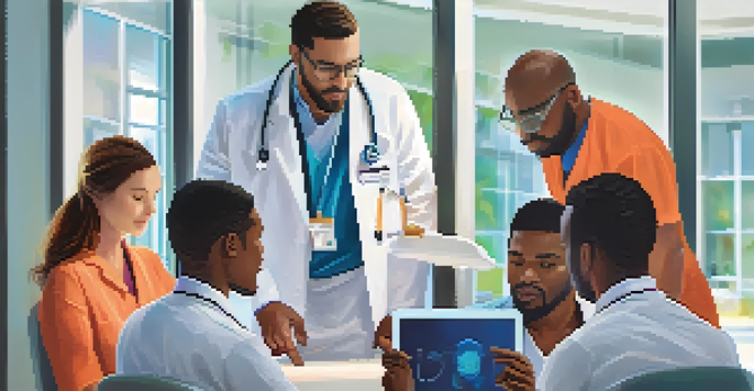 A diverse healthcare team discussing medication safety around a table with a digital tablet in a modern hospital.
