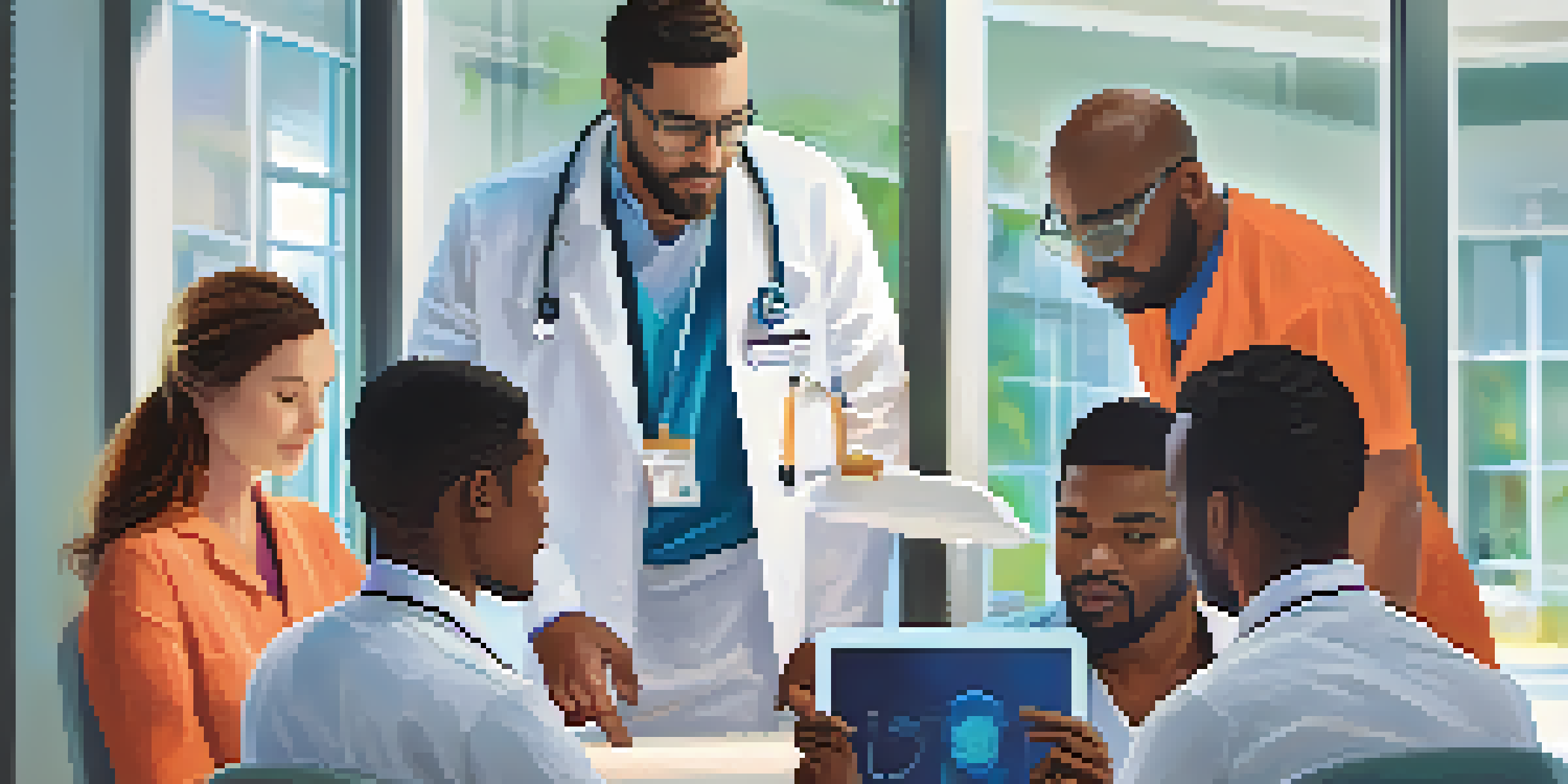 A diverse healthcare team discussing medication safety around a table with a digital tablet in a modern hospital.