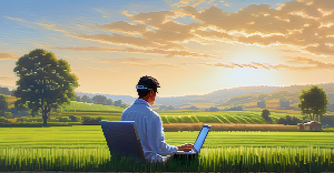A farmer in a rural field using a laptop to connect with a doctor, surrounded by crops and under a clear blue sky.