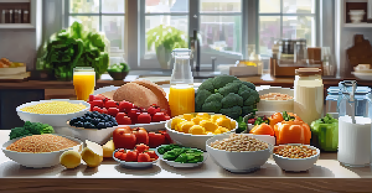 A meal plan with healthy food options on a table in a bright kitchen, highlighting nutrition for recovery.