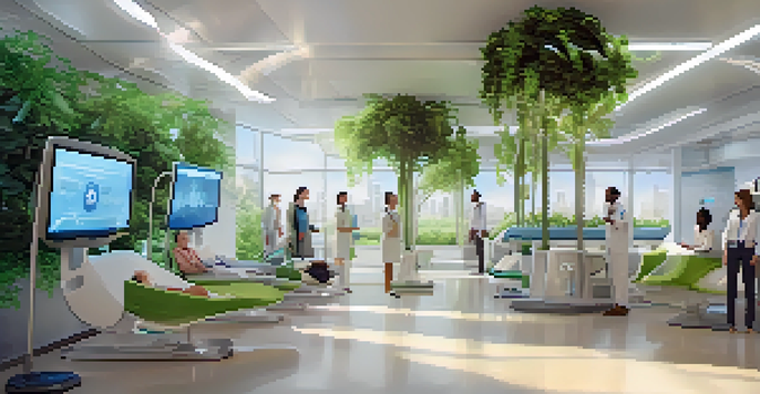 A modern healthcare environment with patients using high-tech health monitoring devices, surrounded by bright light and greenery.