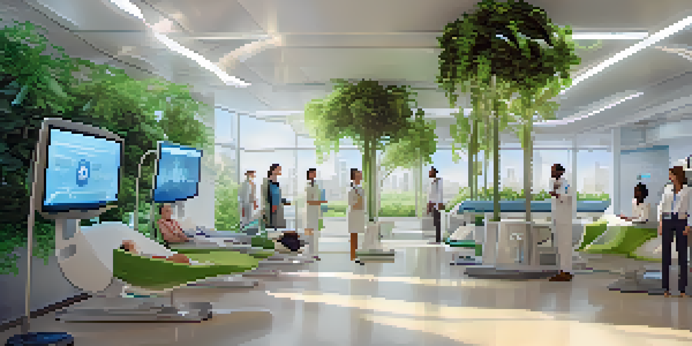 A modern healthcare environment with patients using high-tech health monitoring devices, surrounded by bright light and greenery.